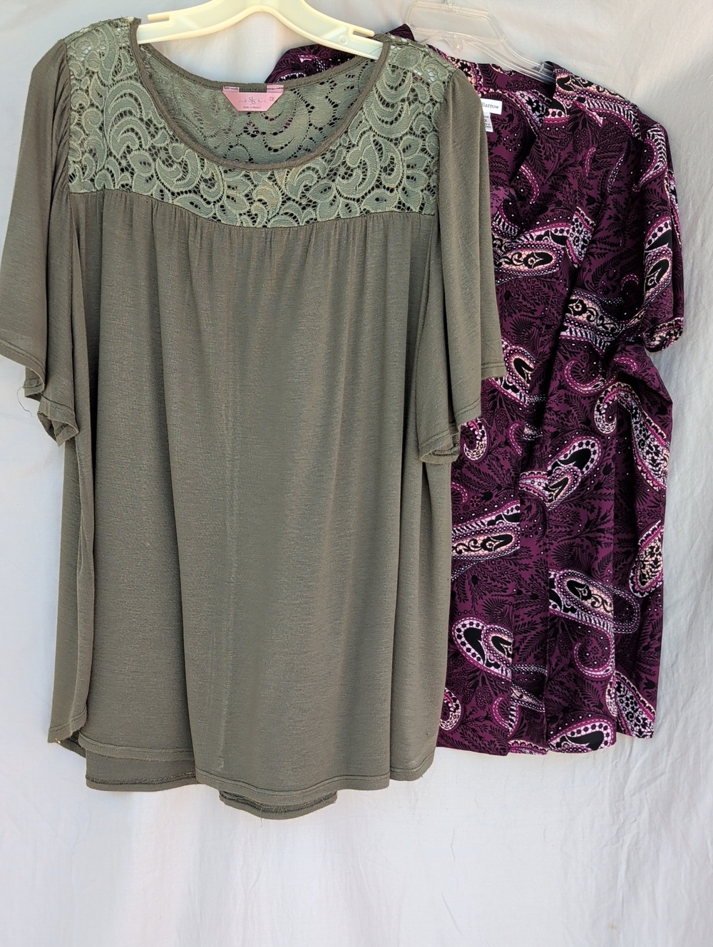 Women’s Bundle Lace Yoke Short Sleeve Top - Olive Paisley Button Top Career